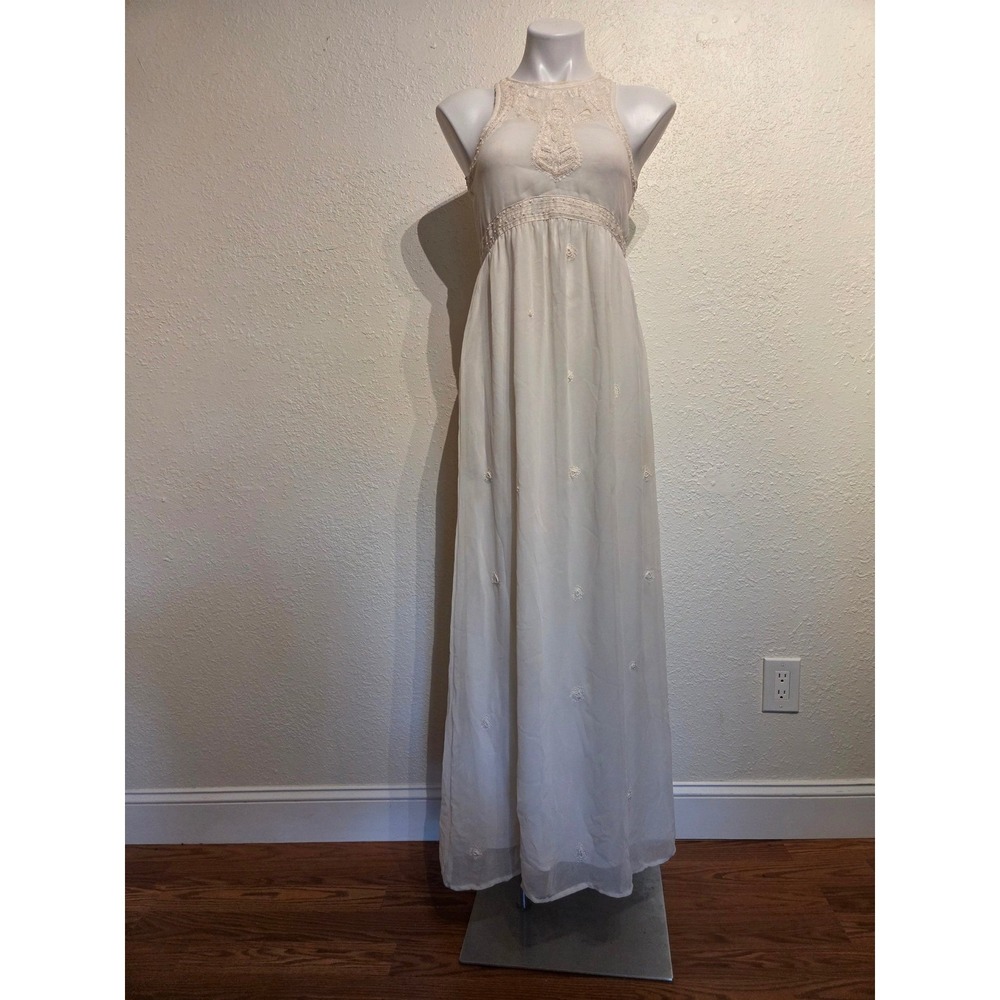 Zara Basic Cream Embroidered Lace Beaded Maxi Dress Sleeveless Boho Wedding s